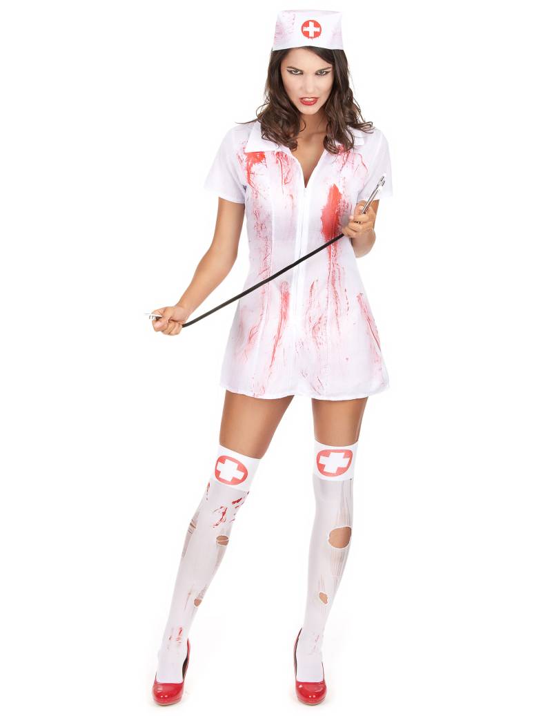 Blutige Krankenschwester Halloween-Damenkostüm weiss-rot von KARNEVAL-MEGASTORE