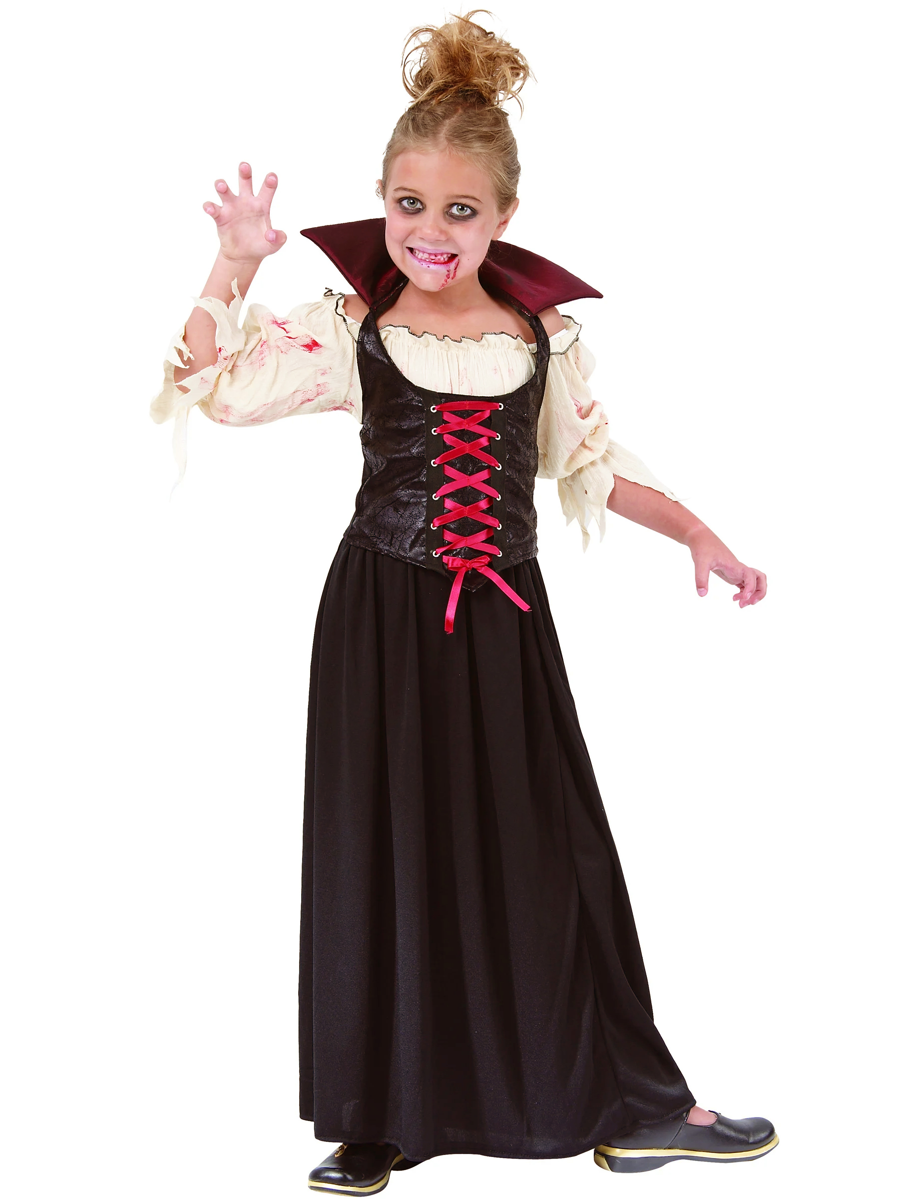 Blutsaugende Vampirin Halloween-Kinderkostüm schwarz-rot-weiss von KARNEVAL-MEGASTORE