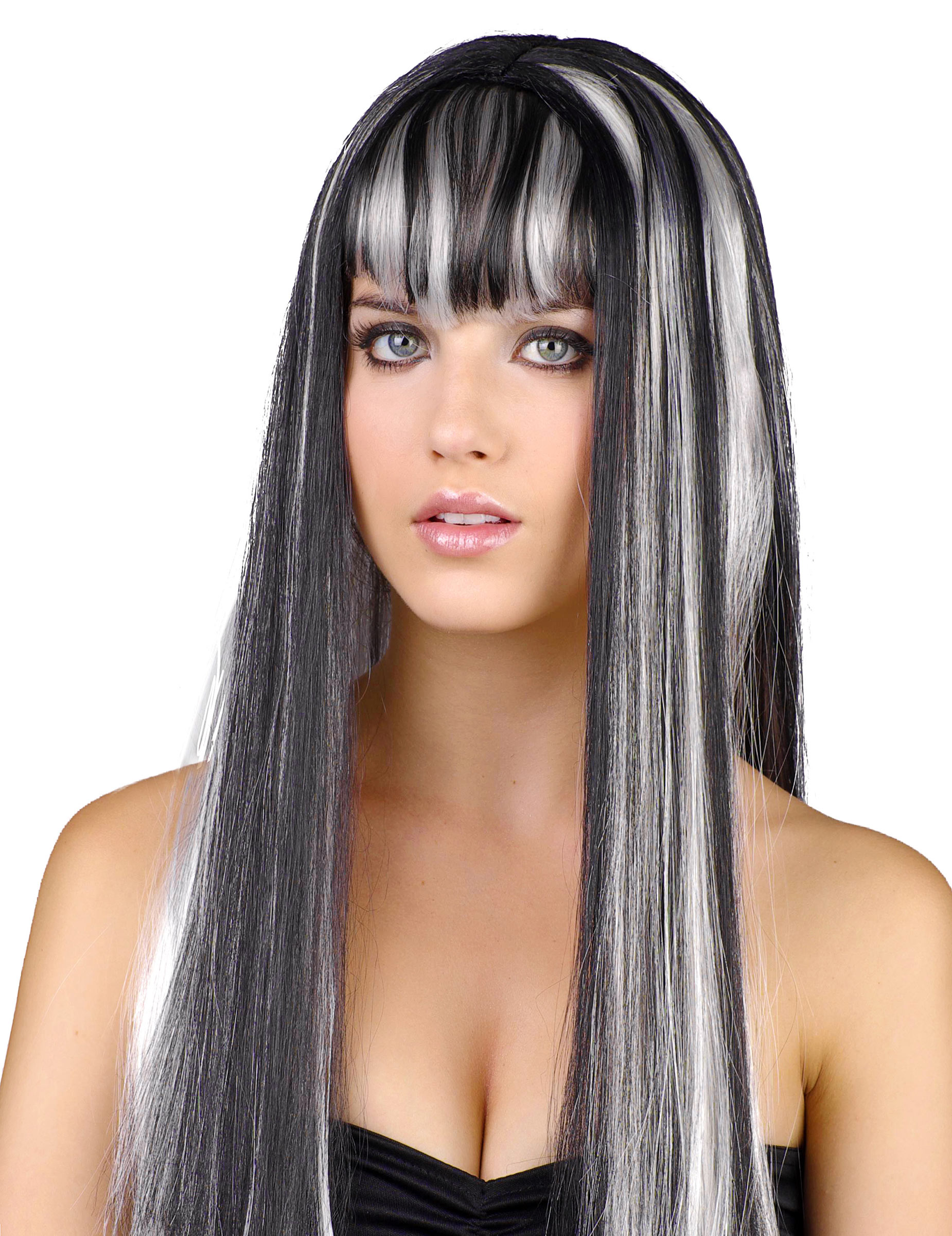 Damen Halloween-Perücke lang mit Pony schwarz-weiss von KARNEVAL-MEGASTORE