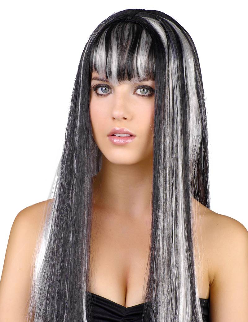 Damen Halloween-Perücke lang mit Pony schwarz-weiss von KARNEVAL-MEGASTORE