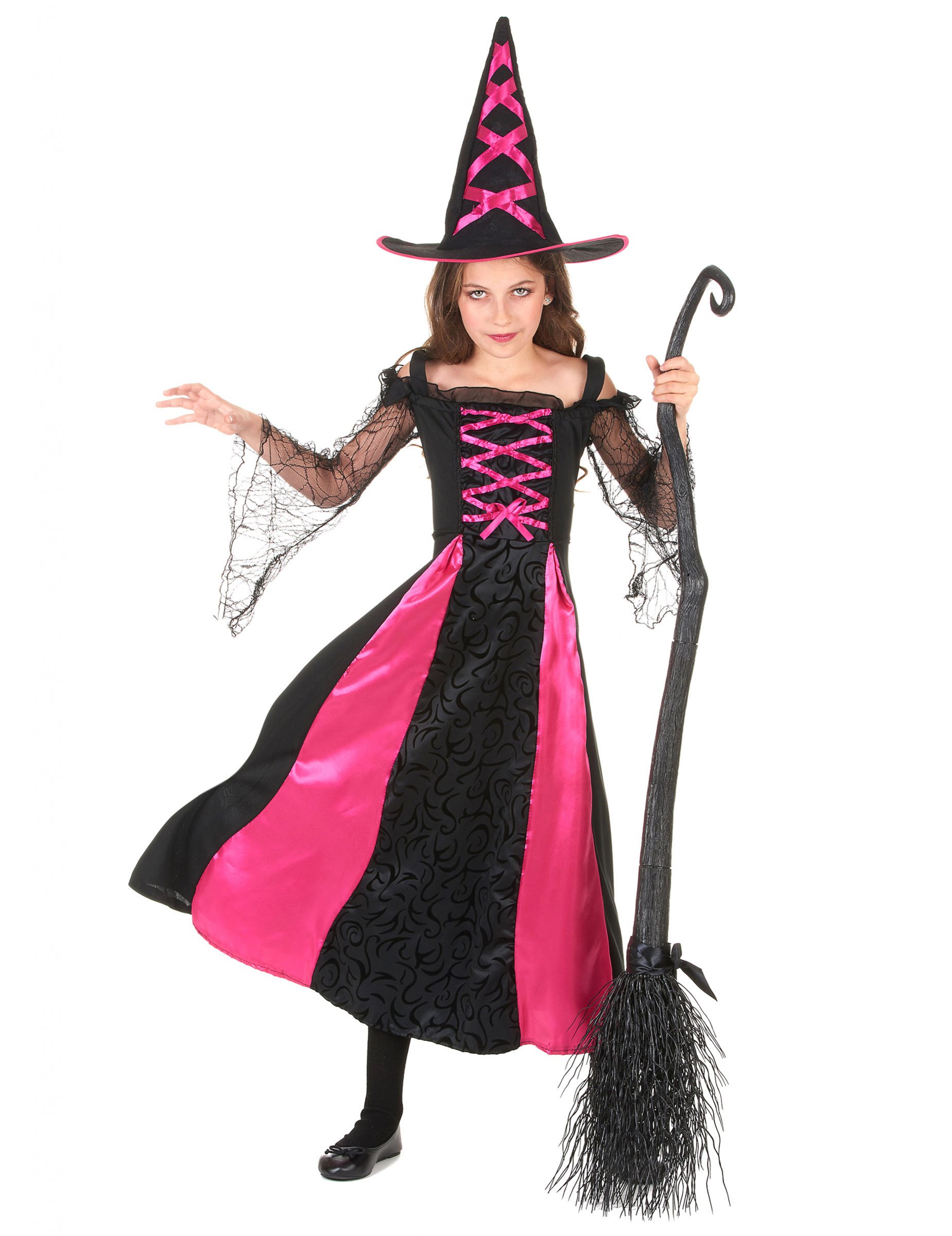 Elegante Hexe Kinderkostüm schwarz-pink von KARNEVAL-MEGASTORE