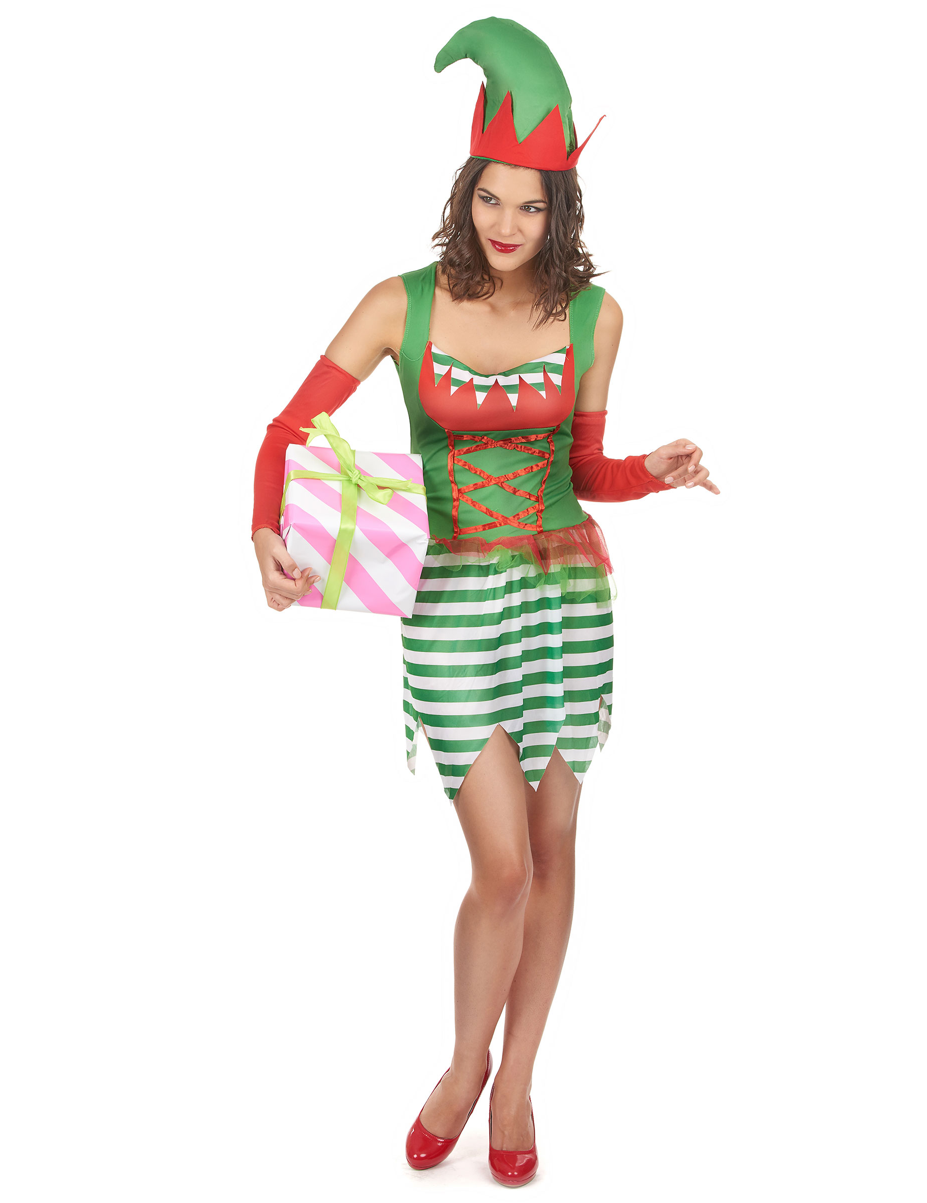Elfen-Damenkostüm Weihnachten weiss-rot-grün von KARNEVAL-MEGASTORE
