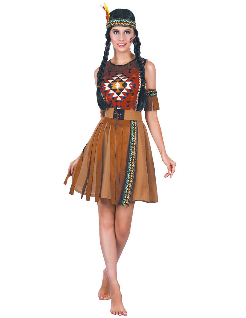 Farbkräftiges Indianer-Kostüm für Damen Faschingskostüm braun-bunt von KARNEVAL-MEGASTORE
