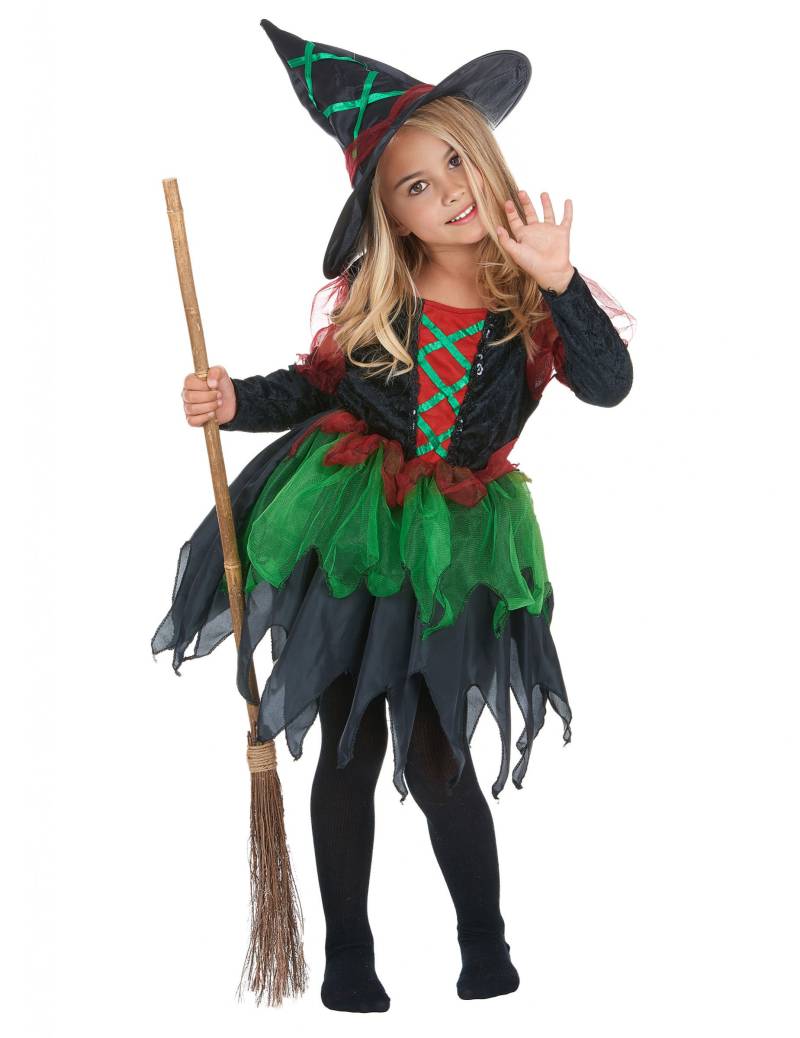 Freches Hexen-Kostüm für Mädchen Halloween-Kostüm schwarz-rot-grün von KARNEVAL-MEGASTORE