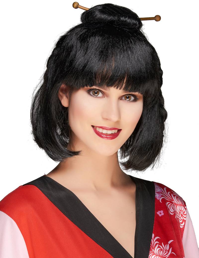 Geisha Chinesin Pagenkopf Perücke mit Stäbchen schwarz-rot von KARNEVAL-MEGASTORE