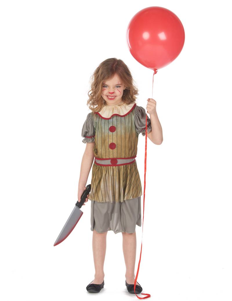 Halloween-Clown-Kostüm für Mädchen grau-rot-braun von KARNEVAL-MEGASTORE