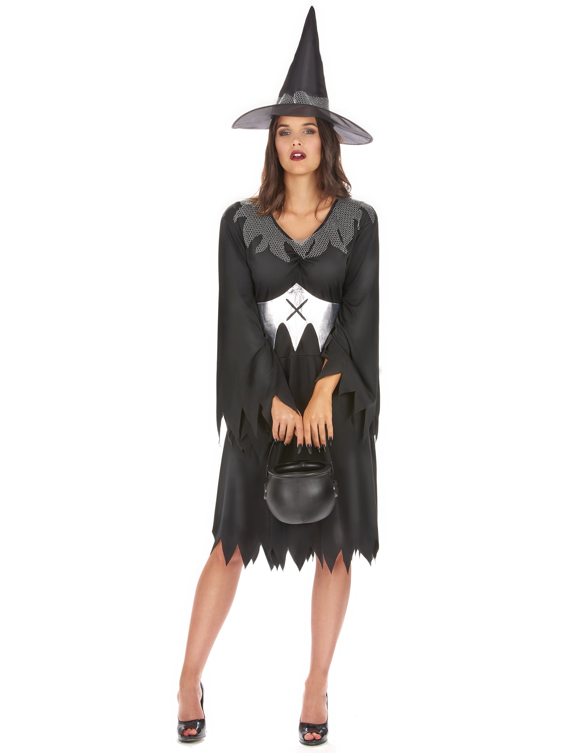 Halloween Hexenkostüm schwarz-silber von KARNEVAL-MEGASTORE