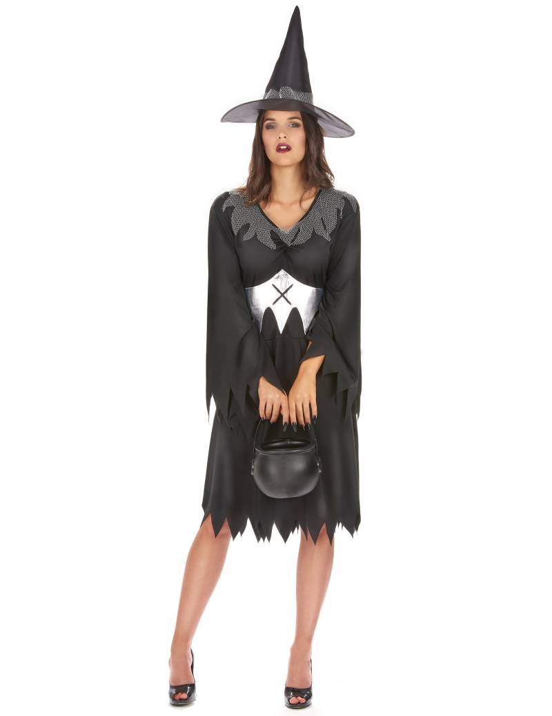 Halloween Hexenkostüm schwarz-silber von KARNEVAL-MEGASTORE