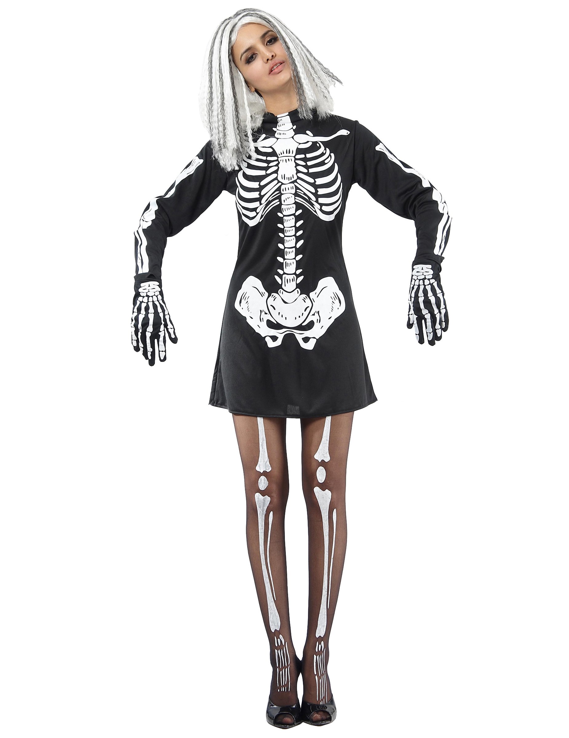Halloween Skelettkostüm Damen schwarz-weiss von KARNEVAL-MEGASTORE
