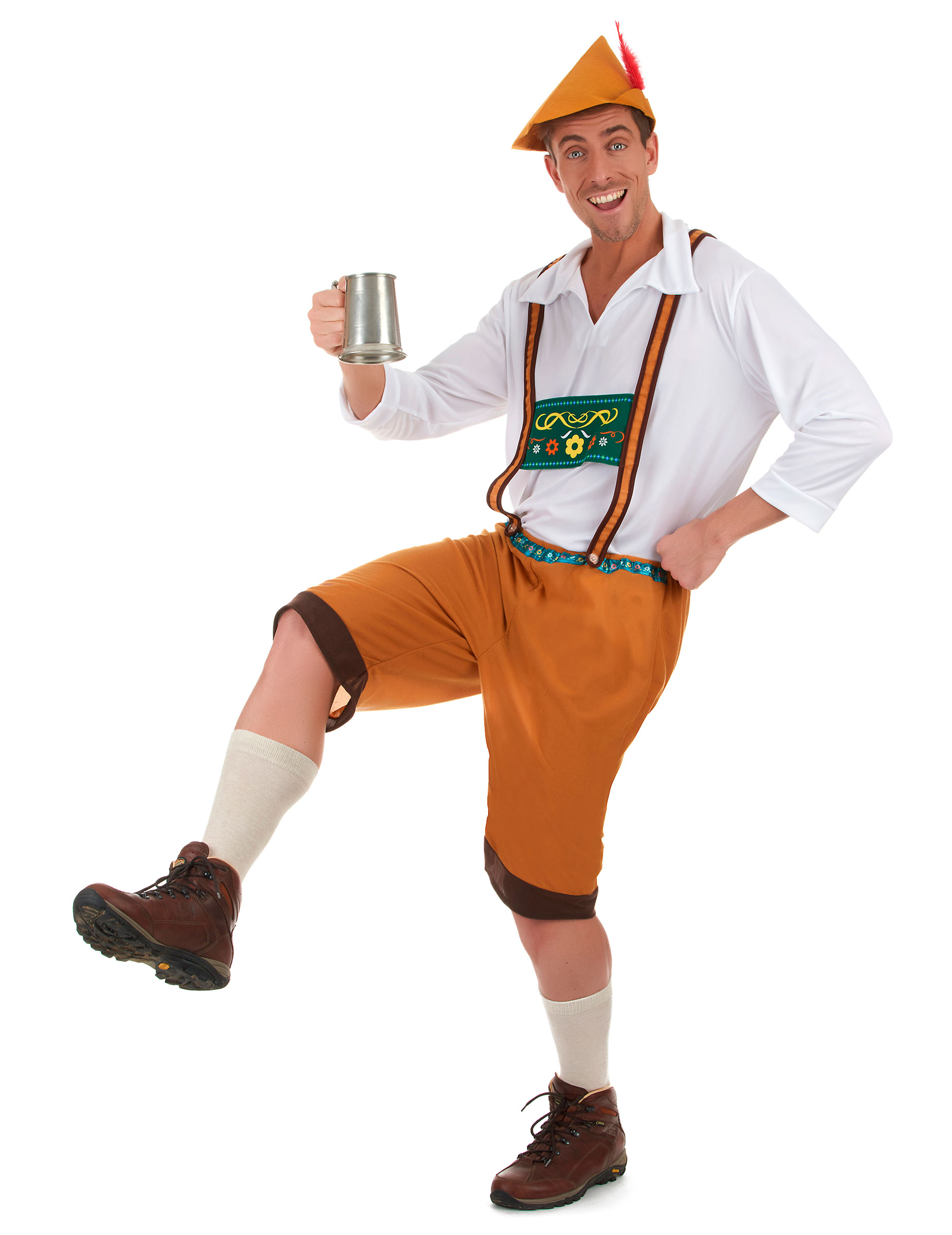 Herrenkostüm Bayer mit Lederhose orange-weiß-bunt von KARNEVAL-MEGASTORE