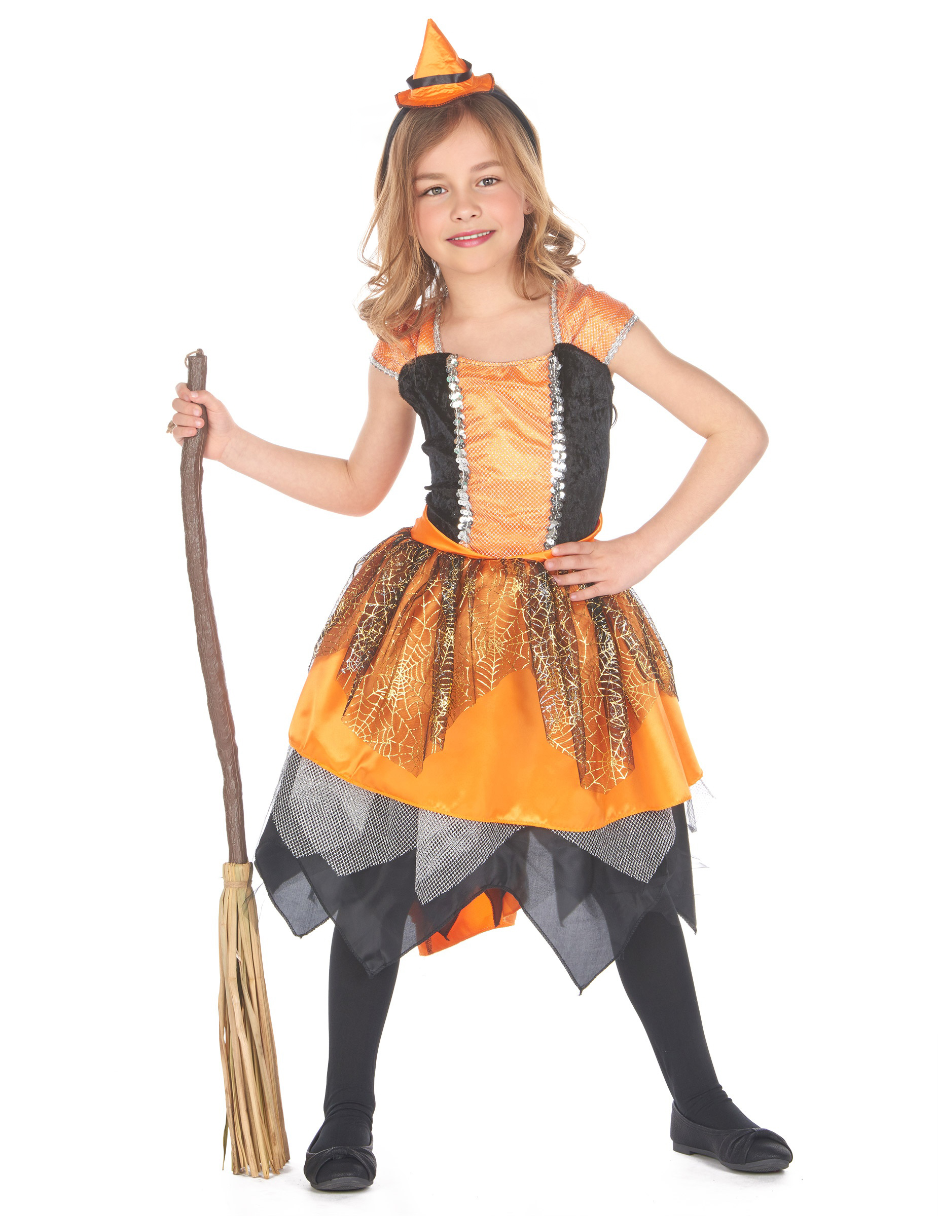 Hexen-Mädchenkostüm Zauberin orange-schwarz von KARNEVAL-MEGASTORE