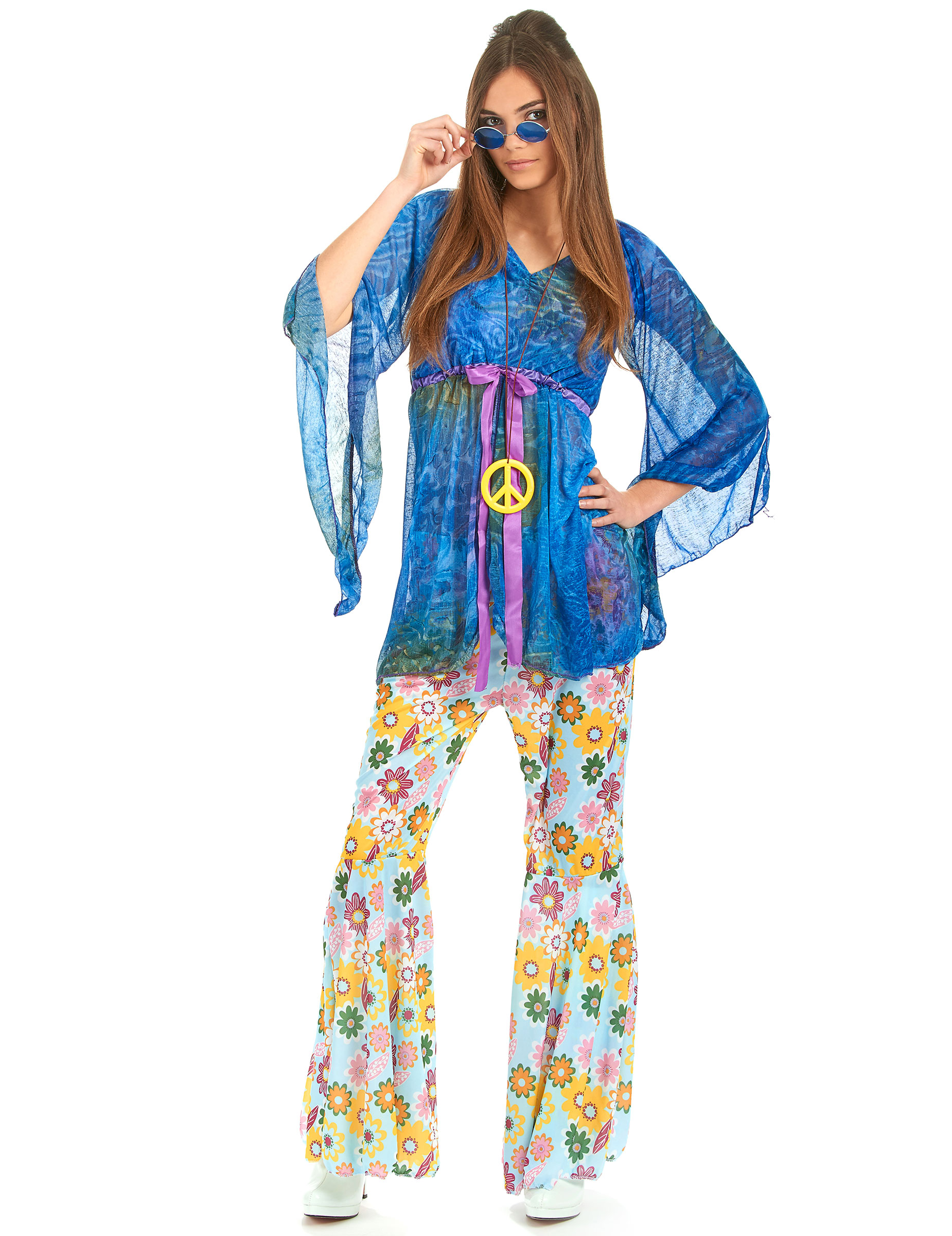 Hippie-Damenkostüm Flower-Power blau-bunt Hippie-Damenkostüm Flower-Power blau-bunt von YIWU YUTING