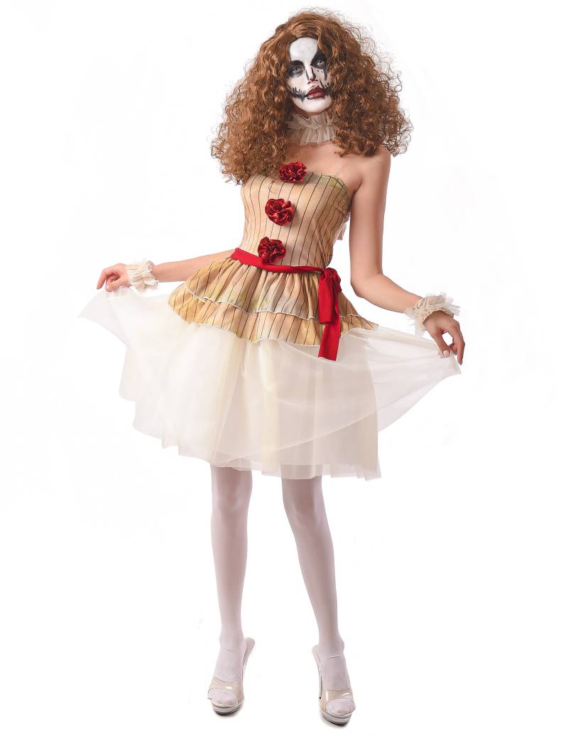 Horror-Clown-Kostüm für Damen Halloween beige-rot-weiss von KARNEVAL-MEGASTORE