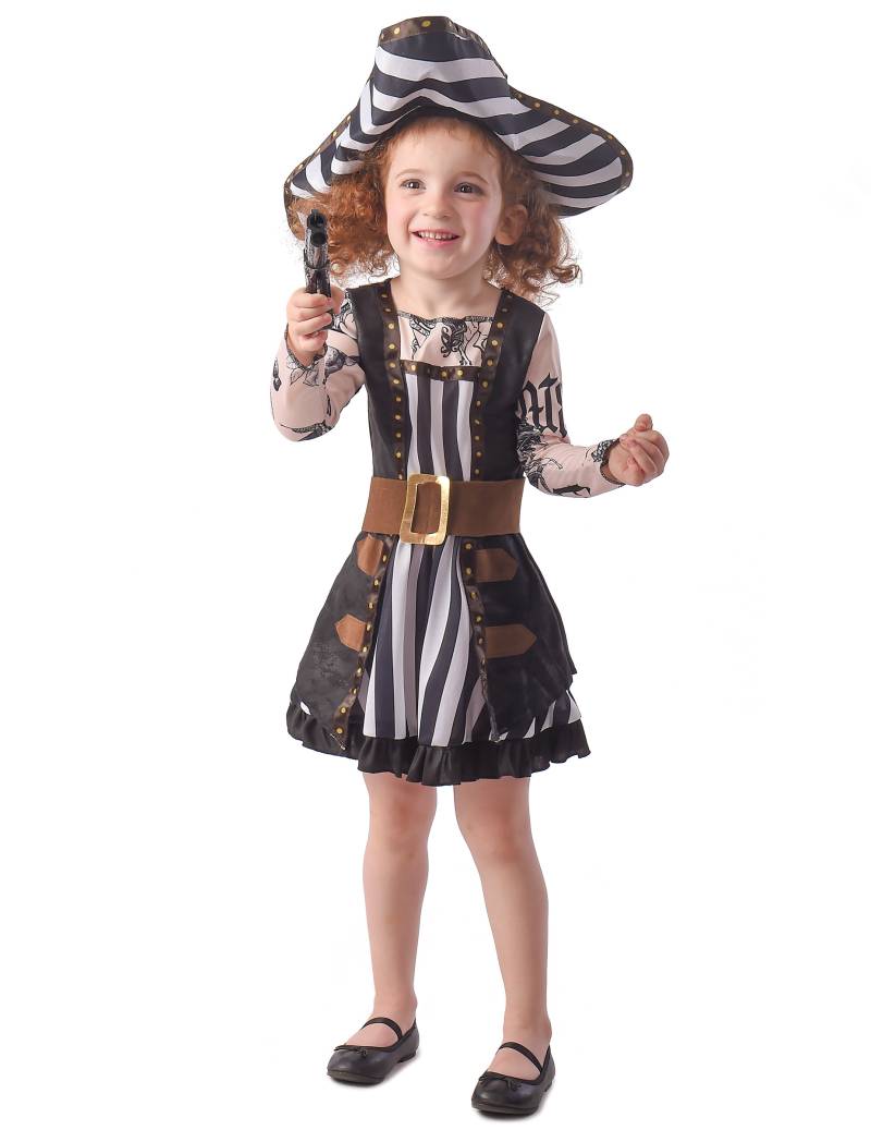 Pirat-Kostüm für Mädchen mit Tatoo-Ärmeln und Streifen schwarz-weiß-braun von KARNEVAL-MEGASTORE