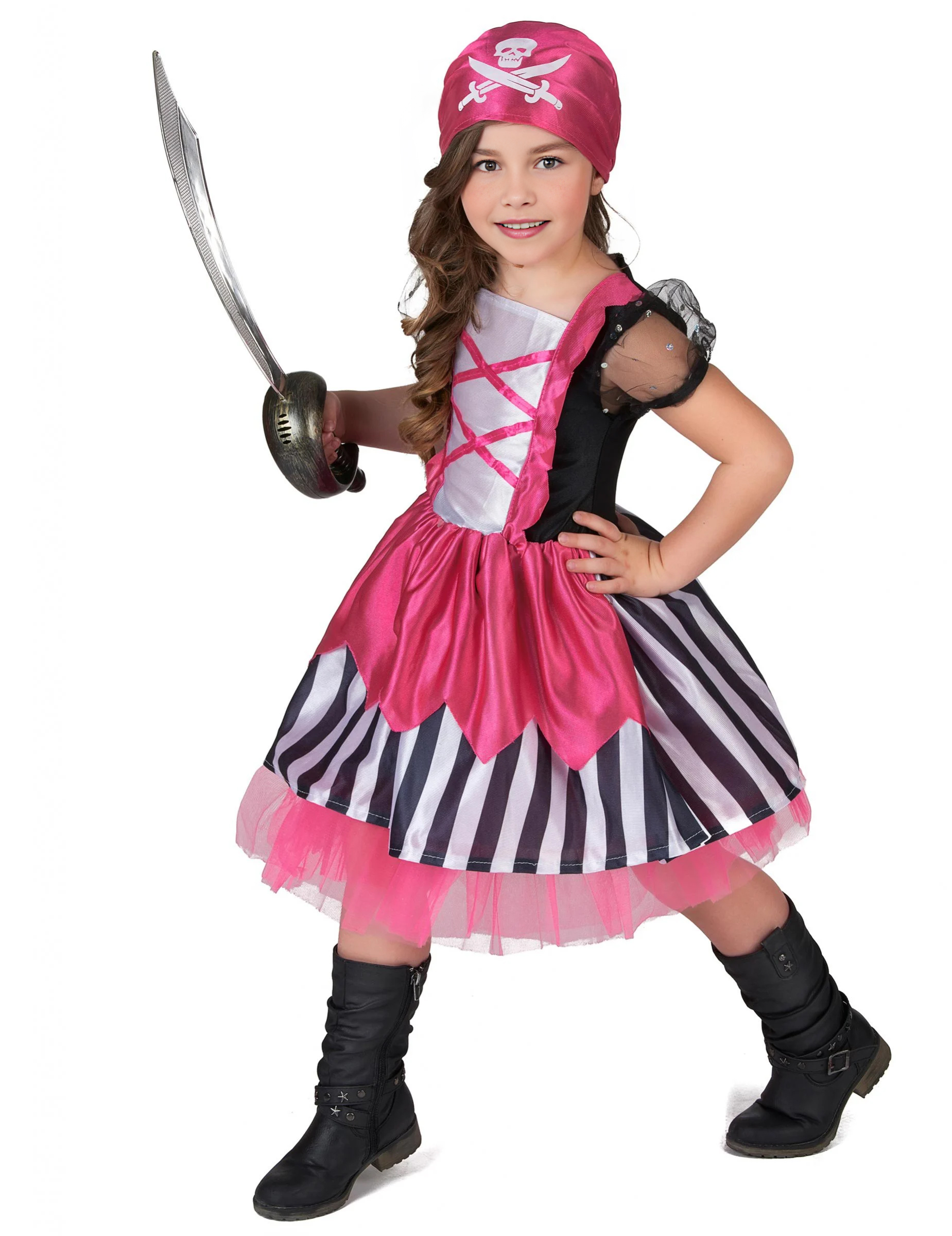 Piratenkostüm für Mädchen schwarz-weiss-pink von KARNEVAL-MEGASTORE