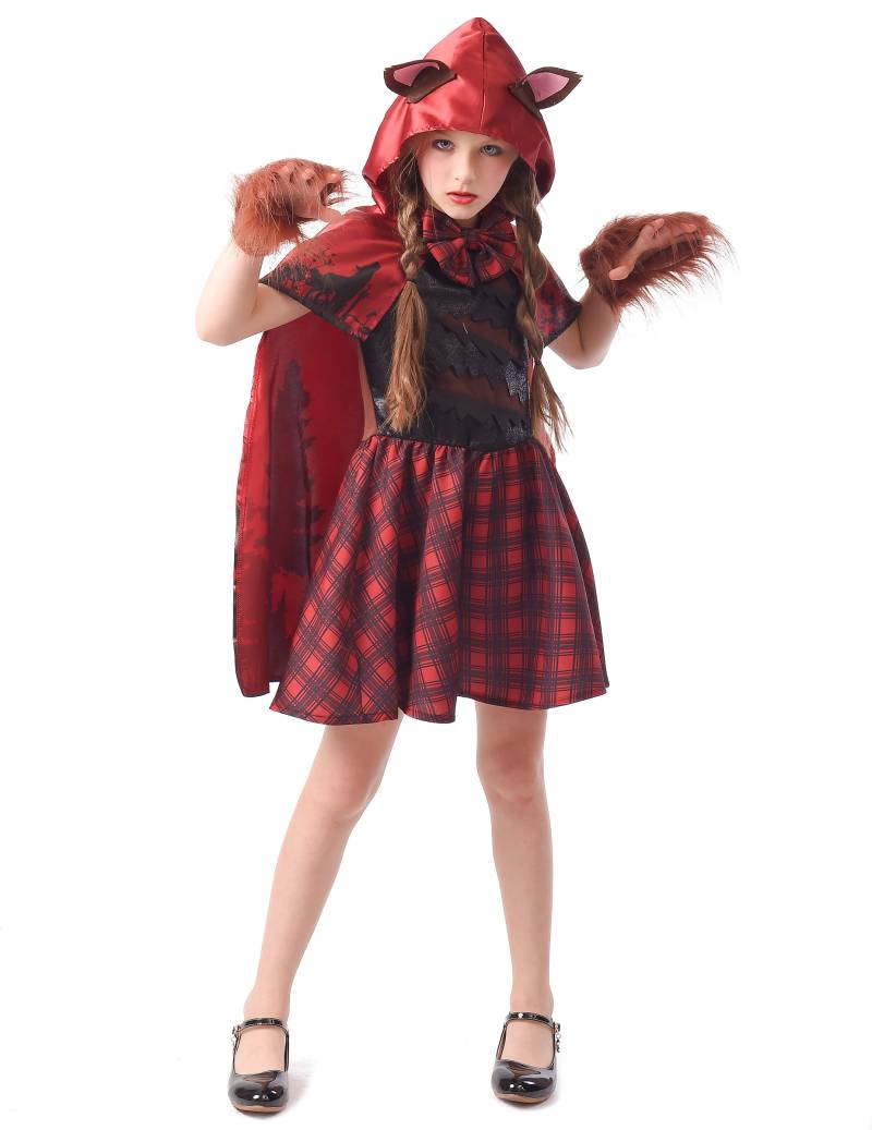 Rotkäppchen-Werwolf-Kostüm für Mädchen Halloween-Kostüm rot-schwarz von KARNEVAL-MEGASTORE