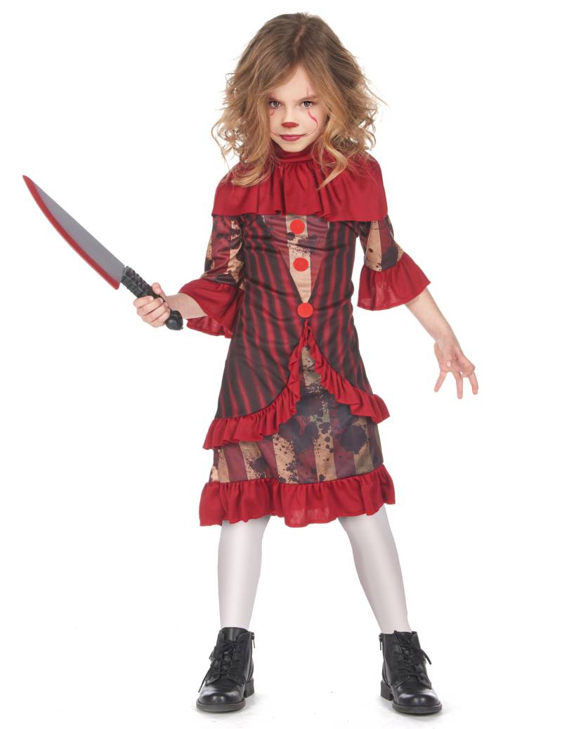 Schauriges Halloween-Clown-Kostüm für Mädchen rot-beige-schwarz von KARNEVAL-MEGASTORE