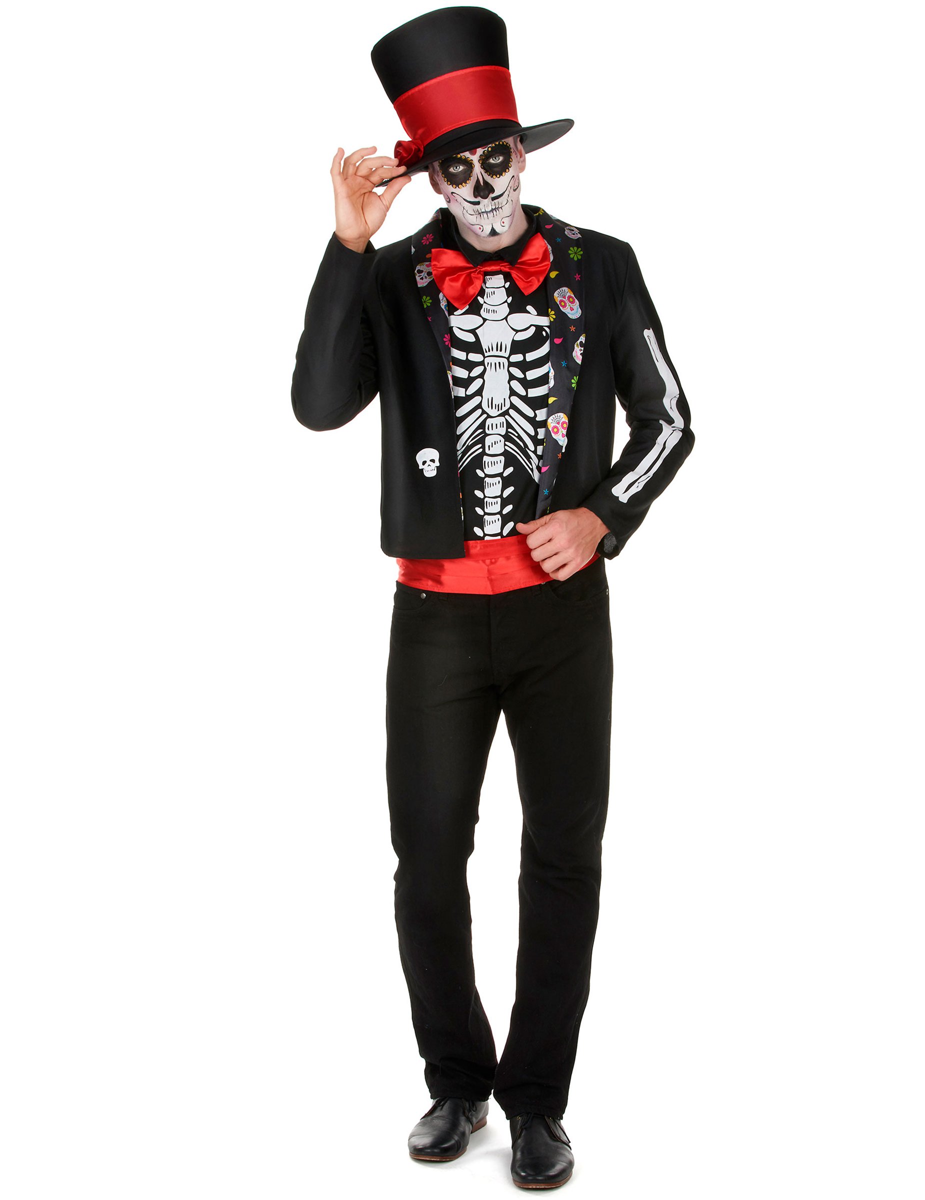 Skelett Herrenkostüm Dia de los Muertos rot-schwarz-weiss von KARNEVAL-MEGASTORE