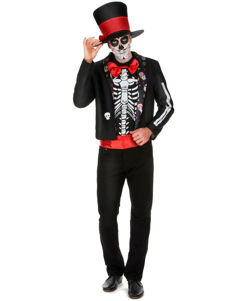 Skelett Herrenkostüm Dia de los Muertos rot-schwarz-weiss von KARNEVAL-MEGASTORE