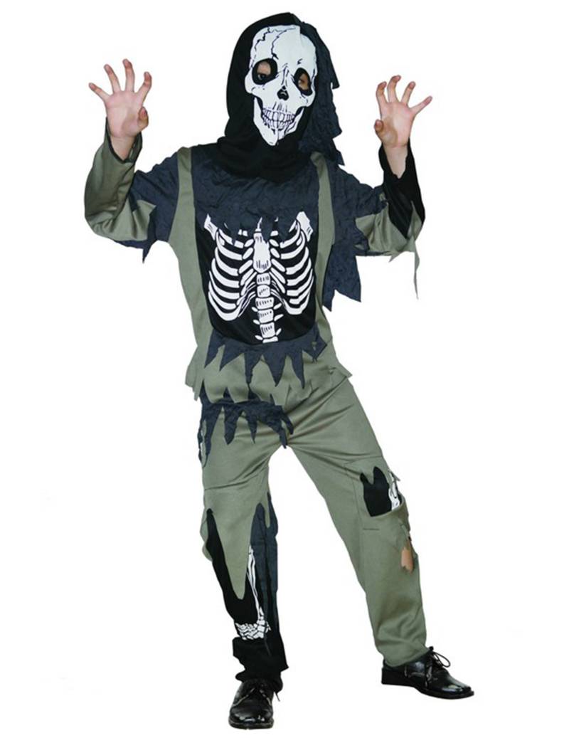 Skelett-Kostüm für Kinder Halloweenkostüm schwarz-oliv von KARNEVAL-MEGASTORE