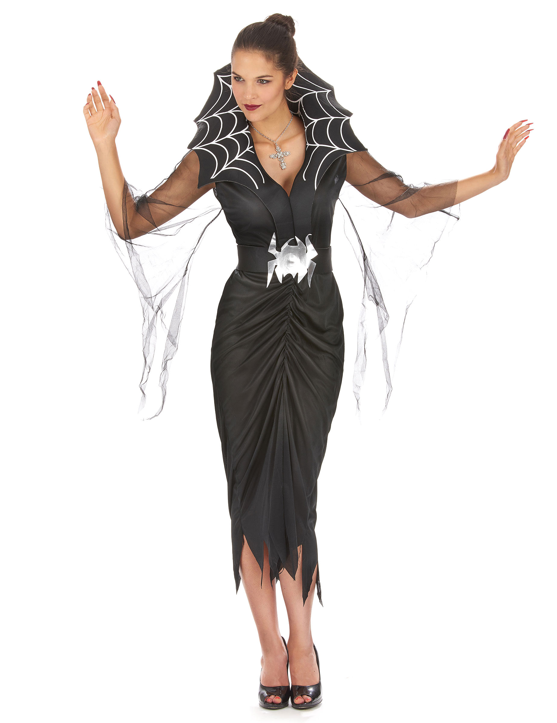 Spinnenfrau Halloween Damenkostüm schwarz-silber von KARNEVAL-MEGASTORE