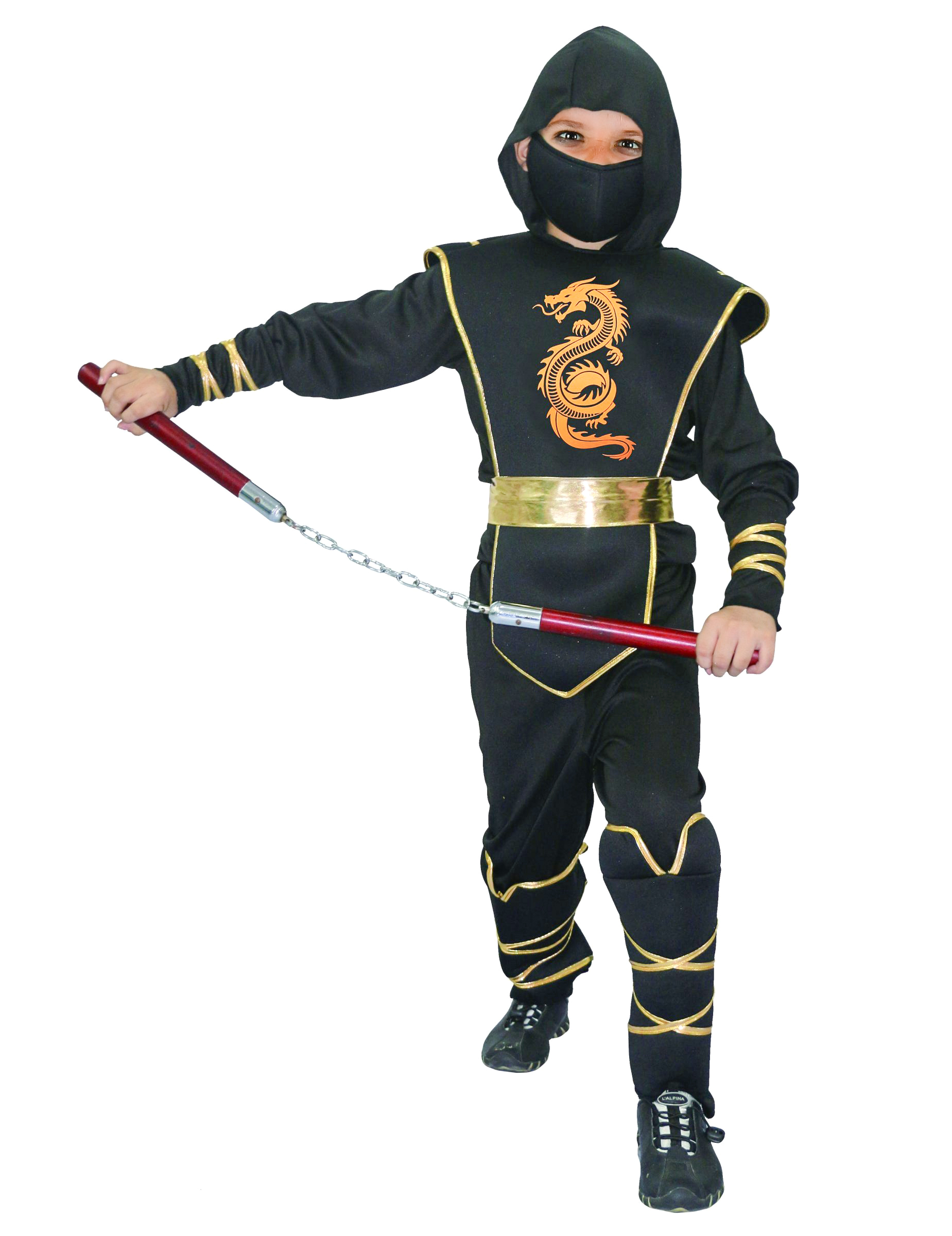 Tapferer Ninjakrieger Ninja-Kinderkostüm mit Drachenmotiv schwarz-gold von KARNEVAL-MEGASTORE