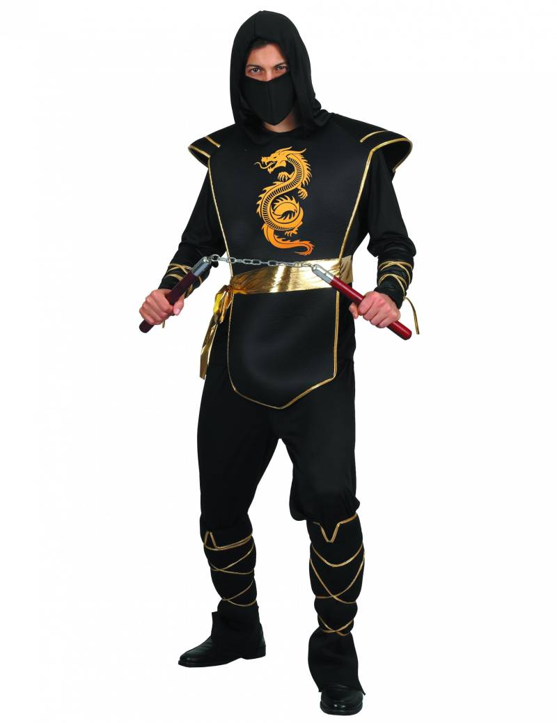 Tapferer Ninjakrieger Ninjakostüm für Herren mit Drachenmotiv schwarz-gold von KARNEVAL-MEGASTORE