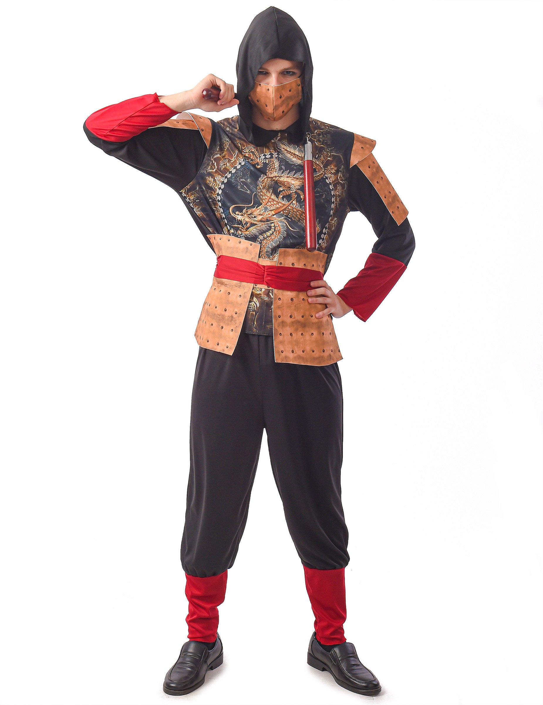 Traditionelles Ninja-Kostüm für Erwachsene Faschingskostüm schwarz-gold-rot von LUCIDA