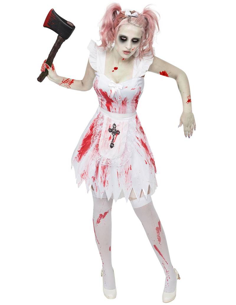 Zombie Brautjungfer Halloween Damenkostüm weiss-rot-schwarz von KARNEVAL-MEGASTORE