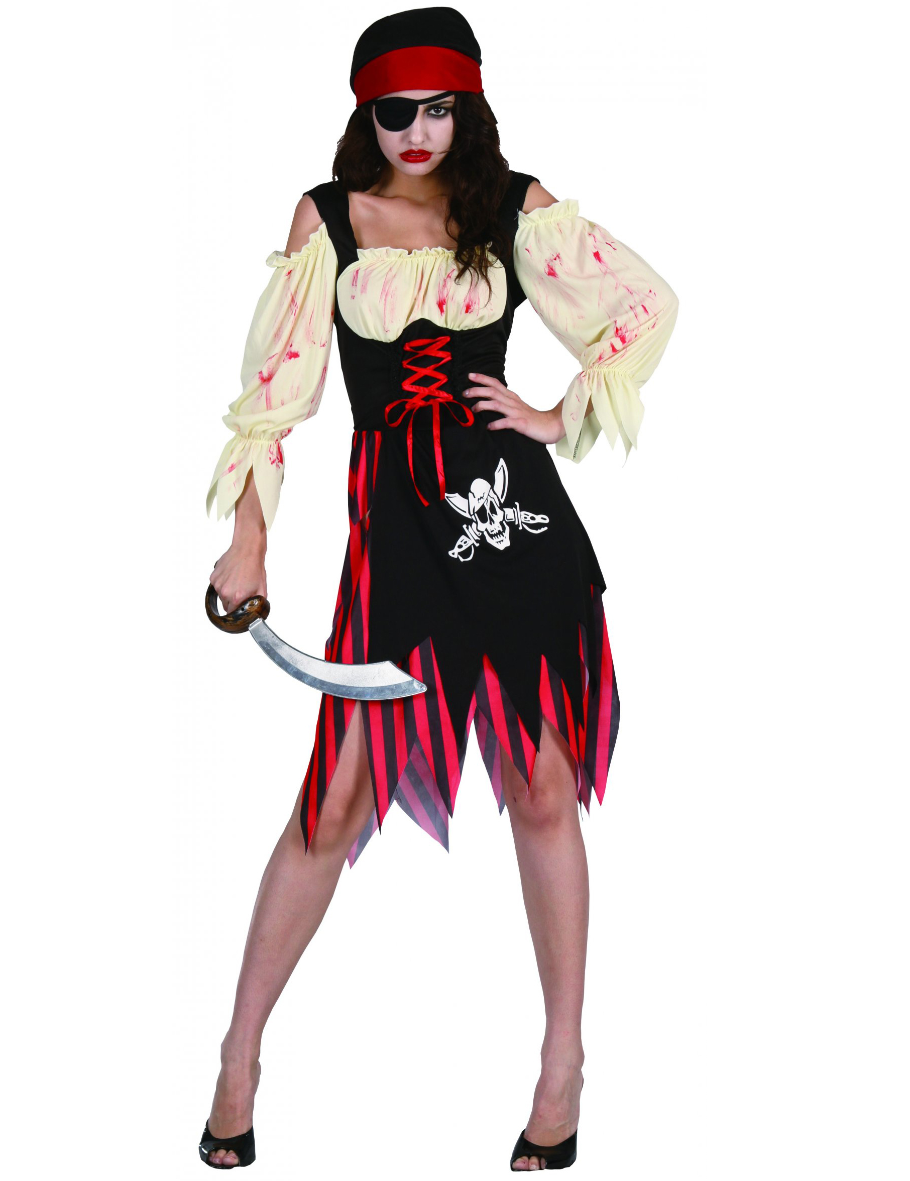 Zombie-Piratin Halloween Damenkostüm schwarz-rot-beige von LUCIDA