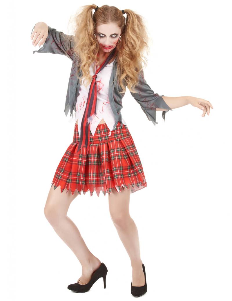 Zombie Schülerin Halloween-Damenkostüm Uniform grau-weiss-rot von KARNEVAL-MEGASTORE