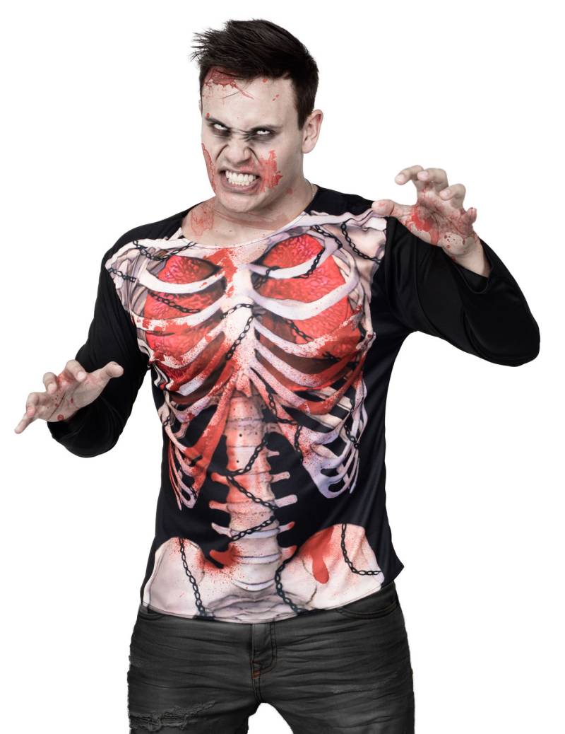 Zombie Skelett Halloween-Shirt schwarz-weiss-rot von KARNEVAL-MEGASTORE