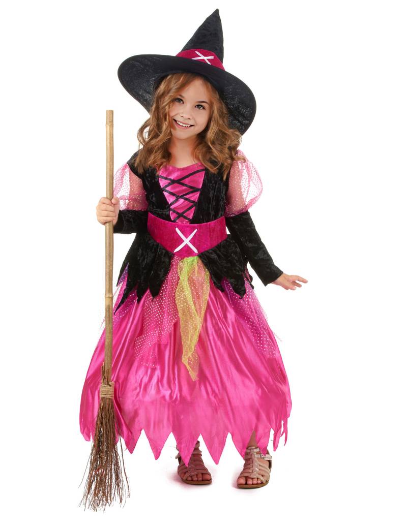 kleine Hexe Mädchen Halloween-Kostüm pink-schwarz-grün von KARNEVAL-MEGASTORE