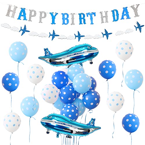 Flugzeug Geburtstag Dekorationen für Jungen blau Vintage Flugzeug Ballons Glitter Happy Birthday Banner Girlande für Wolke Flugzeug Thema Geburtstag Party Baby Dusche Dekorationen Zubehör von Kreatwow