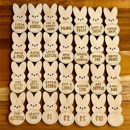 LUCKKY Easter Kids Reward Bunny Tokens, Ostern Kinder Belohnung Hase Tokens, Holz Ostern Belohnung Münze mit eingravierten Sprüchen, Osterkorbfüller Geschenk für Kinder (B) von LUCKKY