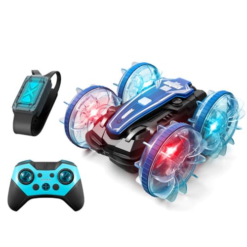 LUCKKY RC Land and Water Stunt Car with 2 Remote Controls, Amphibisches Ferngesteuertes Autos, 360° Drehbares Gestensensor Stunt Rc Auto mit Lichtern, Geländetaugliches Blinken Rc Stunt Auto (Blau) von LUCKKY