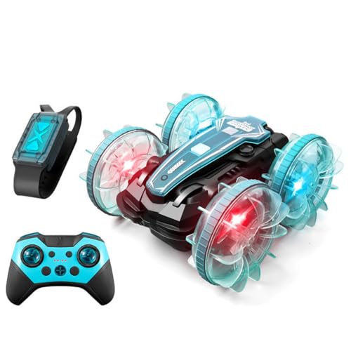LUCKKY RC Land and Water Stunt Car with 2 Remote Controls, Amphibisches Ferngesteuertes Autos, 360° Drehbares Gestensensor Stunt Rc Auto mit Lichtern, Geländetaugliches Blinken Rc Stunt Auto (Grün) von LUCKKY