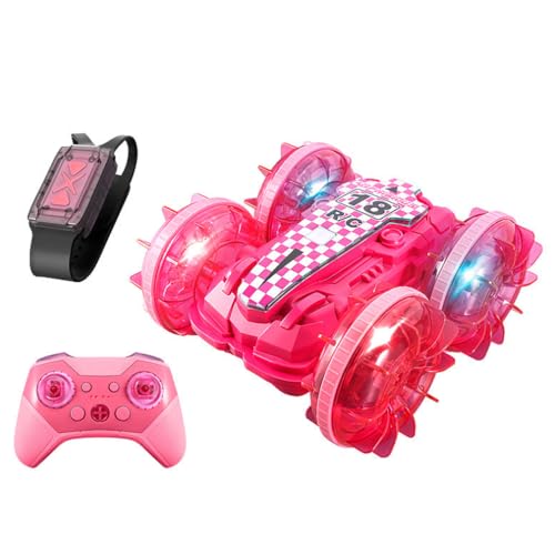 LUCKKY RC Land and Water Stunt Car with 2 Remote Controls, Amphibisches Ferngesteuertes Autos, 360° Drehbares Gestensensor Stunt Rc Auto mit Lichtern, Geländetaugliches Blinken Rc Stunt Auto (Rosa) von LUCKKY