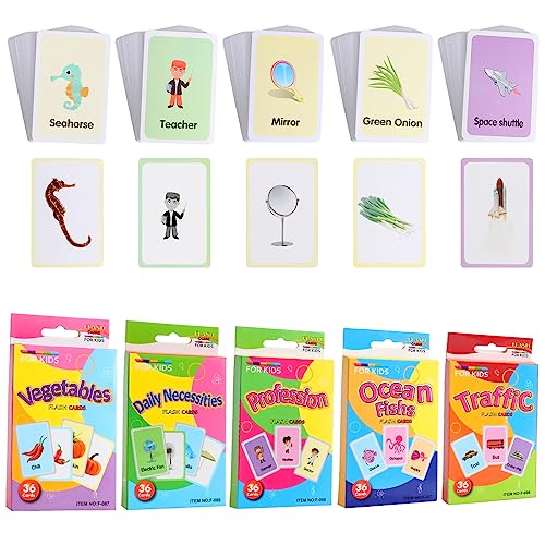 180 Stücke Lernkarten für Kinder - Daily Necessities, Traffic, Ocean Fishs, Professions, Vegetable, Tierkarten Montessori Lernspiel Englische Fotokarten Wortschatz Lernkarten zur Sprachförderung von LUCKNIGHT