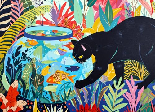 Lucky Puzzles - Cat & Catch: Feline Mischief - 1000-teiliges Puzzle für Erwachsene, lebendiges, künstlerisches Katzenpuzzle, lustiges und herausforderndes Puzzle mit kräftigen Farben von LUCKY PUZZLES ESTD 2020