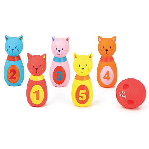 Katzenförmiges Bowlingspiel von Ludi | Kunststoff - ab 10 Monaten - Set mit 6 Pins mit Kugel | Evolutionäres Geschicklichkeitsspielzeug von LUDI
