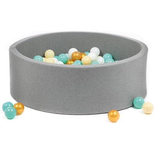 LUDI - Runder Ballpool aus Schaumstoff – Ø 90 cm x H 30 cm – für Babys ab 6 Monaten – 100 Bälle enthalten – weicher und waschbarer Stoff – Farbe Grau – fördert die Motorik und Koordination – einfach von LUDI
