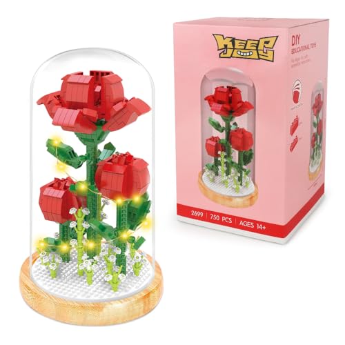 LUFEIS Blumen Bausteine Set, Blumenstrauß Bausteine Rosen, Blumen BausteineBausatz mit Licht und Schutzhülle, Kunstpflanzen Bausteines für Erwachsene, Mama, Freundin, Partner von LUFEIS