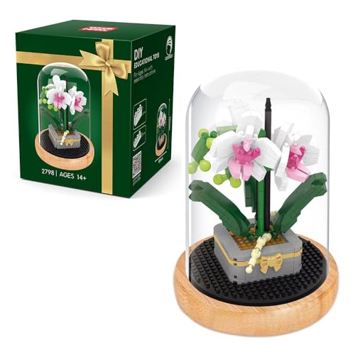 LUFEIS Blumen Bausteine Set, Rose Unsterblicher Blumenstrauß Baustein mit Schutzhülle, Kunstpflanzen Bausteine ​​​​für Erwachsene, Geschenk für Mama Freundin (Weiße Phalaenopsis) von LUFEIS