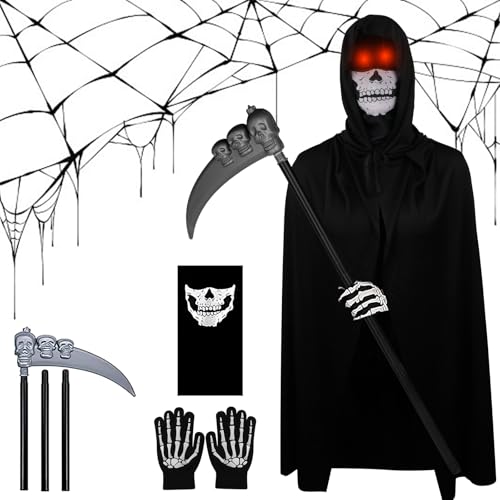 LUFEIS Sensenmann Kostüm Kinder, Unisex Kostüm Sensenmann, Halloween Teufel Kostüm, Teufel Umhang, mit Schädelmaske, Sense, Handschuhen, für Mottoparty Cosplay, Karneval, Halloween von LUFEIS
