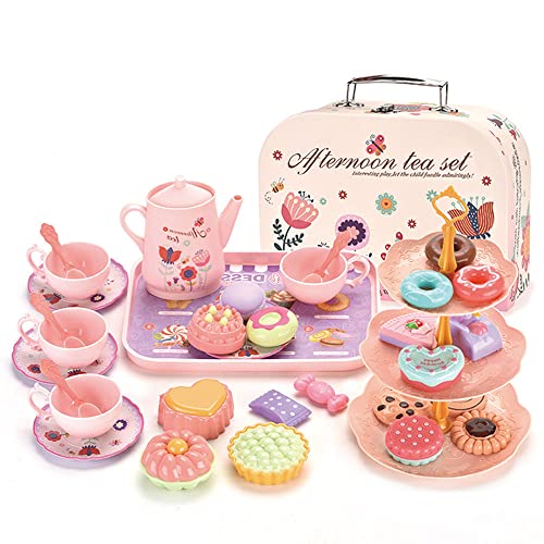 LUFEIS Teeservice Kinder, Tee Party Set, Puppengeschirr Metall, Holz Tee Set Kinder, Girls Tea Set für Kinders mit Koffer, Pretend Spielen Lebensmittel Küchenspiele Set für Jungen Mädchen ab 3 Jahre von LUFEIS