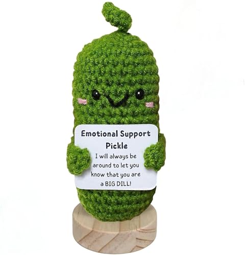 Emotional Support Pickle, Handmade Mini Plüsch Figuren Positive Gurke mit Sockel, Kreative Strickwolle Pocket Hug Puppe, Mutmacher Geschenk für Freund, Freundin, Eltern,Abschiedsgeschenk Kollegen von LUKIUP