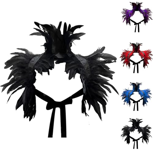Schwarz Gothic Federumhang, Natürliche Feder Shrug Schal Poncho Kragen, Victorian Flügel Kostüm, für Halloween Maskerade Cosplay Kostüm von LUKIUP