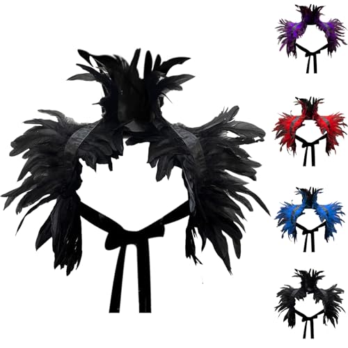 LUKIUP Schwarz Gothic Federumhang, Natürliche Feder Shrug Schal Poncho Kragen, Victorian Flügel Kostüm, für Halloween Maskerade Cosplay Kostüm von LUKIUP