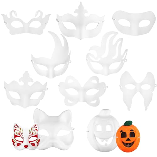 LUKIUP 10 Stück DIY Weiße Papier Maske, Maskerade Maske, Halloween Maske, Theathermaske zum Bemalen Unbemalt Masken für Kinder Frauen Männer Karneval, Fasching, Party Cosplay, Tier von LUKIUP